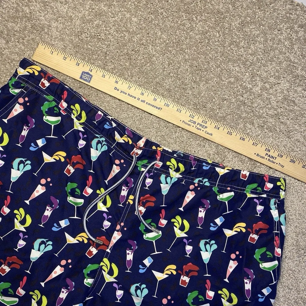 Peter Millar Mens XL Swim Trunks Navy Blue Cocktail‎ Drink Print Mesh Lined 7in